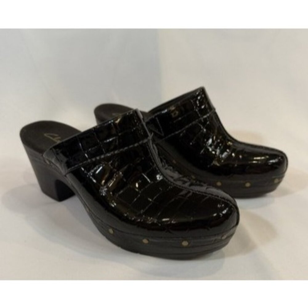 Clarks Gloss Cougar Black Patent Mule Clogs Style# 38367  Womens Sz 7 M